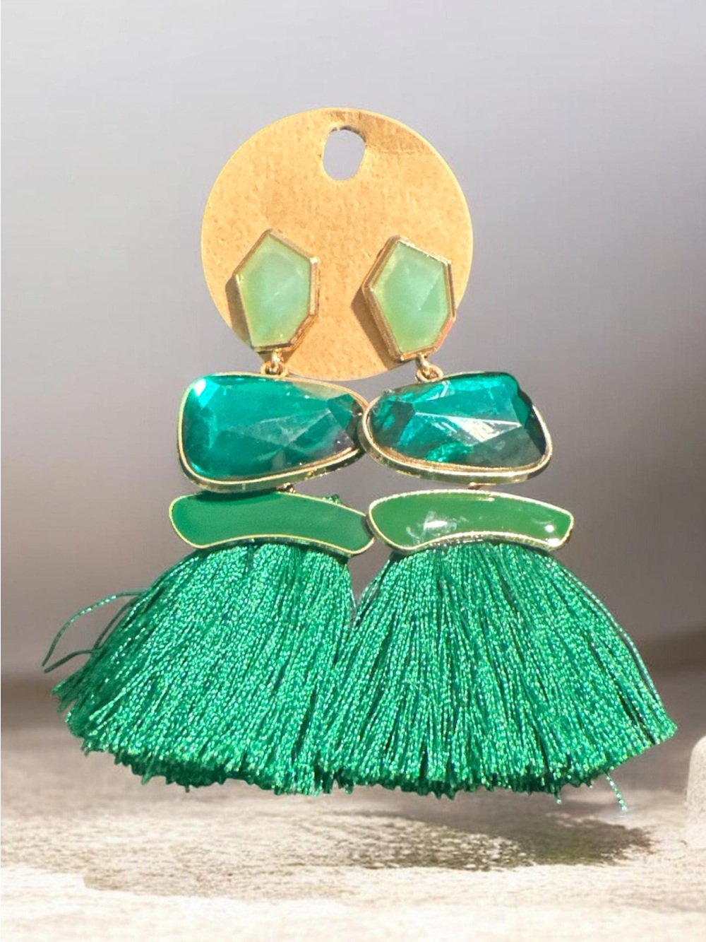 Green Gem & Tassel Drop Earrings - Unbranded
494